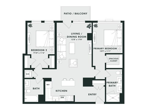 Floor plan for 2 beds, 2 baths, 1099 sqft